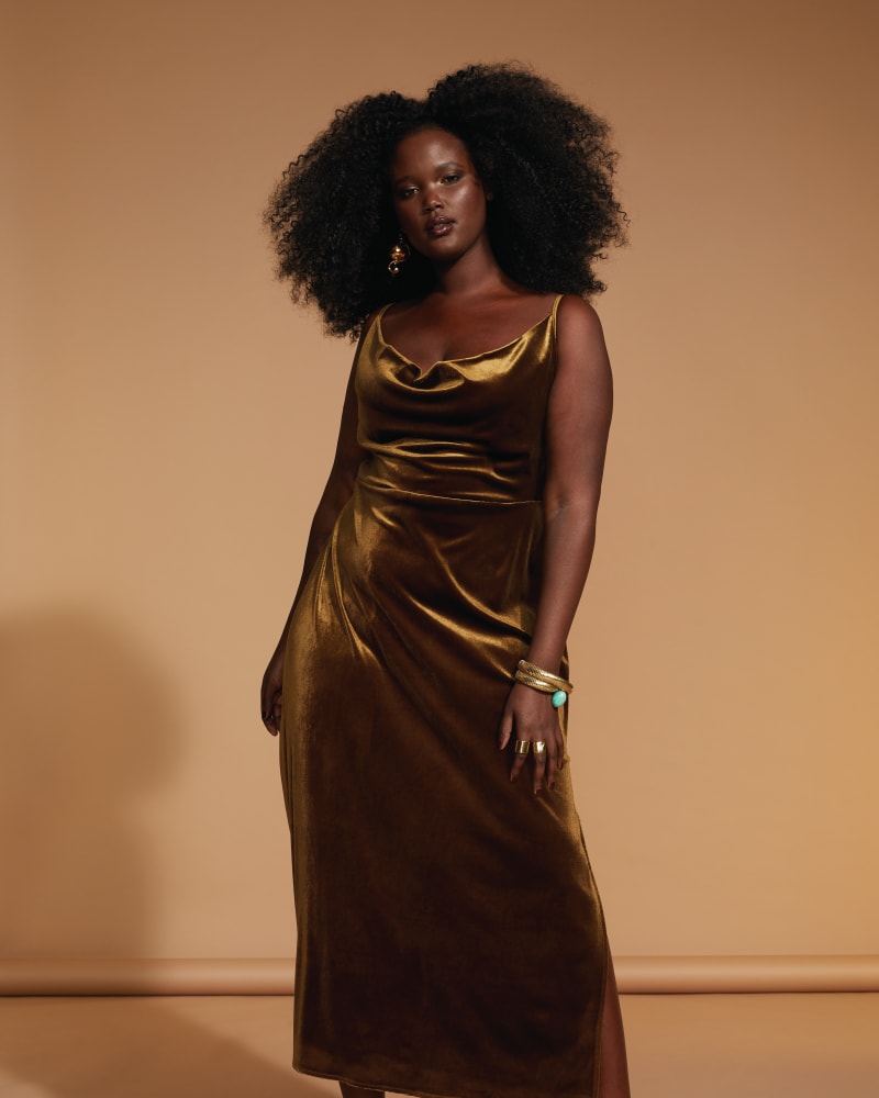 Plus size model wearing Rachel Spaghetti-Strap Velvet Dress by Taylor | Dia&Co | dia_product_style_image_id:174720